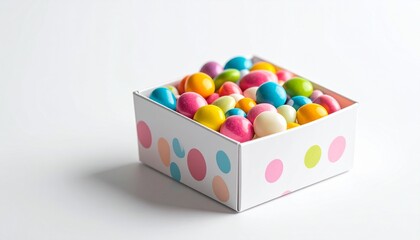 Colorful glossy candies or chocolate eggs overflowing from a festive polka dot gift box isolated on a seamless high key white studio background perfect for Easter or party sweets perfect any project