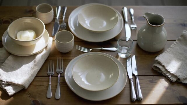 Overhead shot of a beautifully arranged wooden dining table featuring natural ceramic plates, bowls, and silverware.