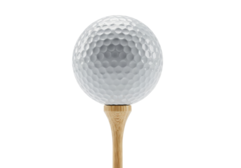 hyper-detailed macro shot of a glossy white dimpled golf ball perfectly balanced on a wooden tee against a transparent studio background with copy space, concept of golfing precision and readiness