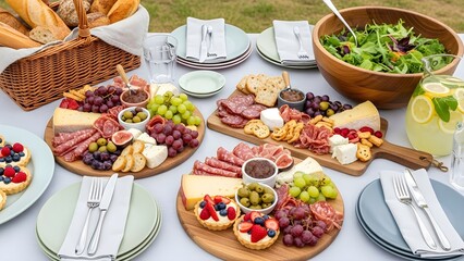 Outdoor food spread with appetizers and salad