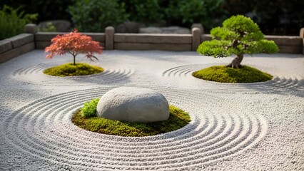 Zen garden with miniature trees and raked sand