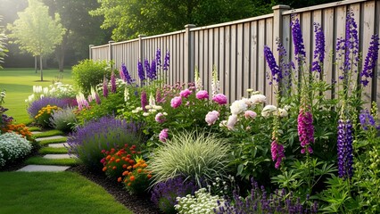 Garden landscape with colorful flowers and wooden fence