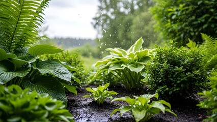 Green plants in garden under rain