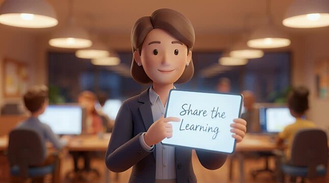 Animated educator presenting educational content in classroom setting