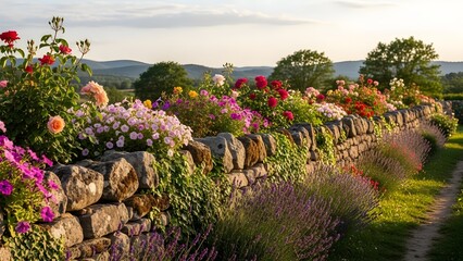 Stone wall with colorful flowers and green plants