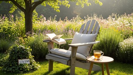 Chair book drink garden nature scene