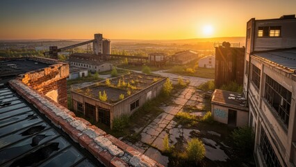 Abandoned industrial complex at sunset with overgrown vegetation and decaying buildings in urban landscape