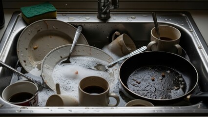 Overflowing kitchen sink with dirty dishes, utensils, and cups in soapy water, highlighting household chores