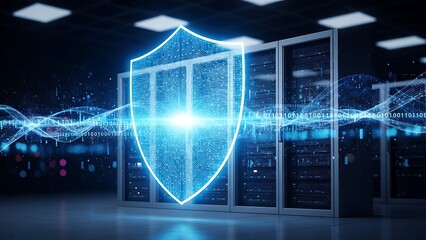 Glowing blue shield protects server room from cyber threats