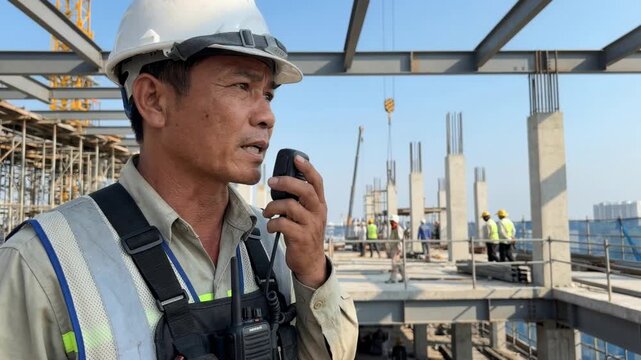 Laborer communicating with radio transceiver at building frame