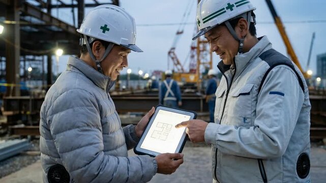 Construction team in fan vests reviewing digital plan at night