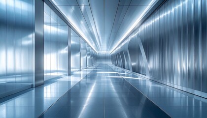 Obraz premium Sleek empty modern corridor reflecting bright light off metallic polished tile floor and aluminum wall panels abstract perspective background perfect any project.
