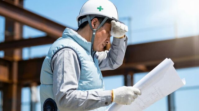 Japanese construction worker wiping sweat while reading blueprints