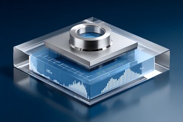 Quantum processor suspended in glass chamber with financial charts double exposure, premium tech illustration, cinematic lighting, copy space right 