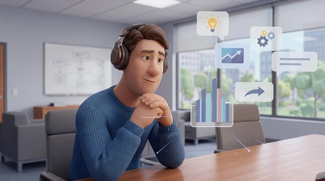 Animated man thinking with ideas and business concepts