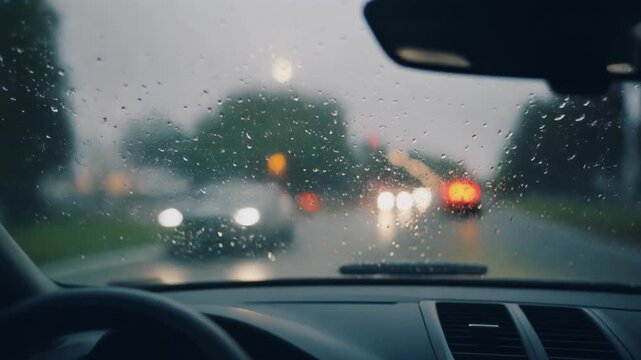 Rainy Day Drive Through City Streets Viewed from Inside a Car