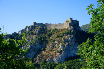 Puilaurens, France - 9th of august 2022 : View of the ruins of the Puilaurens castle, symbol of the Cathar country