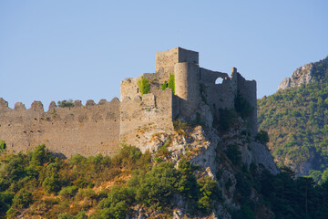 Puilaurens, France - 9th of august 2022 : View of the ruins of the Puilaurens castle, symbol of the Cathar country