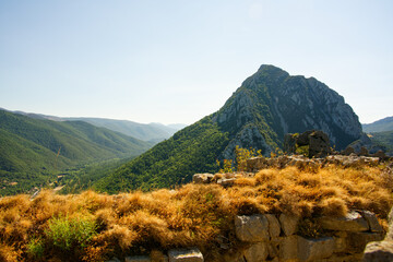Puilaurens, France - 9th of august 2022 : View of the ruins of the Puilaurens castle, symbol of the Cathar country