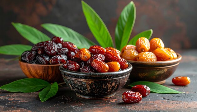 Assortment of Dates in Bowls with Green Leaves.
