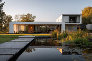 Fototapeta premium Modern single story house with large glass facade overlooking a landscaped garden and reflective pond in natural daylight. Contemporary residential architecture blending clean lines, nature, and calm 