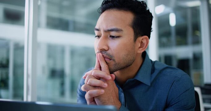 Financial advisor, thinking and man in office, laptop and decision with account mistake. Person, investor and employee in workplace, pc and review for finance report, doubt and risk management