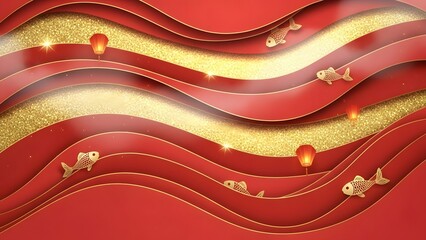 Chinese new year background with red waves, golden glitter, and traditional carp fish ornaments, festive holiday design