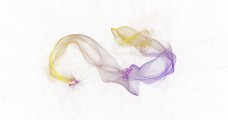 Graceful ribbon of golden and violet smoke drifting across white background, delicate abstract motion artwork with airy curves and soft meshes, refined high resolution PNG for beauty, luxury and digit