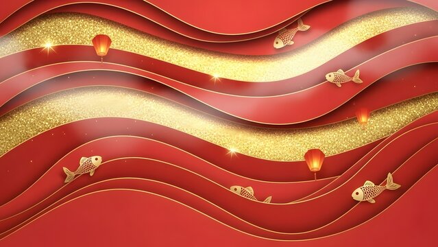 Chinese new year background with red waves, golden glitter, and traditional carp fish ornaments, festive holiday design - Powered by Adobe
