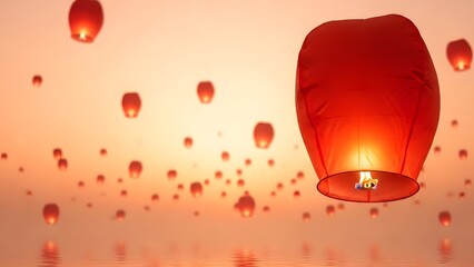 Many red chinese sky lanterns floating upwards over water at sunset or sunrise
