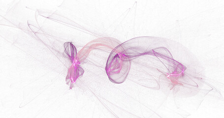Obraz premium Looping pink and lavender smoke ribbons forming gentle arcs on white canvas, dreamy abstract motion composition with subtle star-like bursts, stylish high resolution PNG for beauty, branding and cover