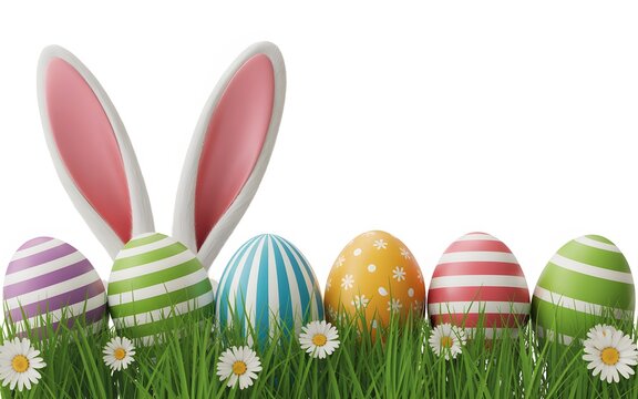 Easter Bunny Ears and Six Decorated Eggs on Green Grass with Daisies rabbit