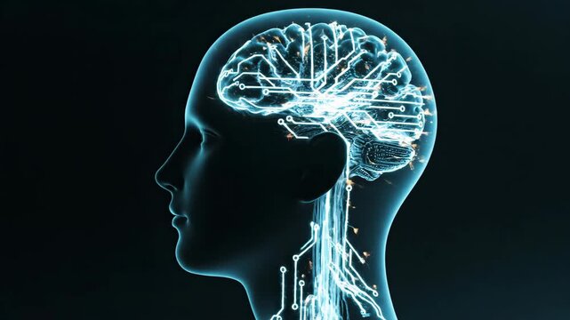 Digital human head rotating as neural networks ignite and explode with bright golden energy particles, conceptual animation of AI processing and mental power.