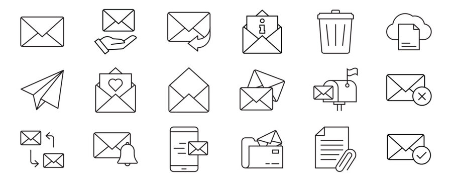 Email Web Icon Set in Line Style. Collection of E-mail and Letter Linear Icons, Including mail, envelope, email, postal, letter sent, inbox, new mail, reply and forward mail and more. Editable Stroke