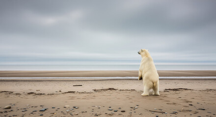 Lonely Polar Bear Looking Toward the Sea Horizon