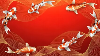 Vibrant koi fish swimming in a circle on a red gradient background with golden ripples, symbolizing good fortune and prosperity for lunar new year celebrations