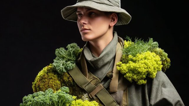 A soldier adorned with vibrant greens, showcasing an unusual blend of military attire and abundant vegetables, reminiscent of nature's resilience and creativity.