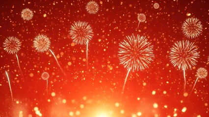 Brilliant white fireworks exploding in a fiery red night sky with sparkling particles, celebration background