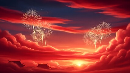 Vibrant fireworks exploding in the sky during a stunning sunset with colorful clouds and a serene atmosphere isolated on white background is not applicable here as the background is not white