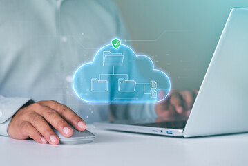 Secure cloud data storage concept, Businessman using laptop with digital folders and documents, illustrating online file management, cybersecurity, and safe digital document organization solutions