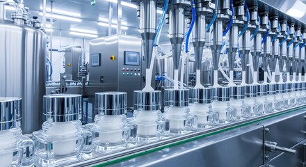 Automated cosmetic filling line with stainless steel tanks and precision nozzles distributing cream into jars
