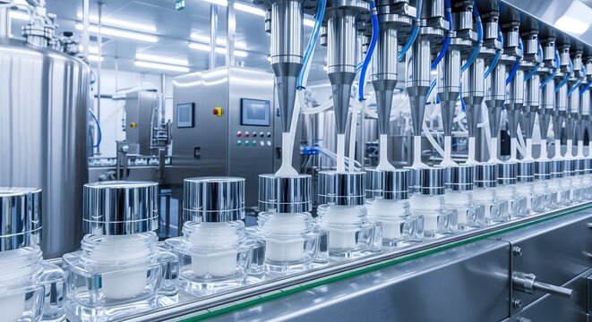Automated cosmetic filling line with stainless steel tanks and precision nozzles distributing cream into jars