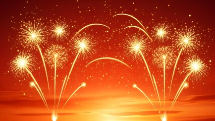 Vibrant fireworks exploding in the night sky with a beautiful orange and red sunset background