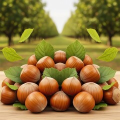Close-up of hazelnuts and leaves on wood, with blurry tree-lined orchard in background