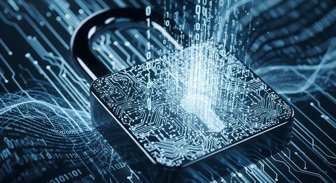 Digital lock with circuit board pattern and glowing binary code data stream