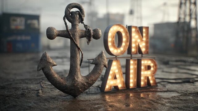 Vintage black and white photo of news anchor concept. An old anchor alongside illuminated 'ON AIR' sign in a gritty environment. 