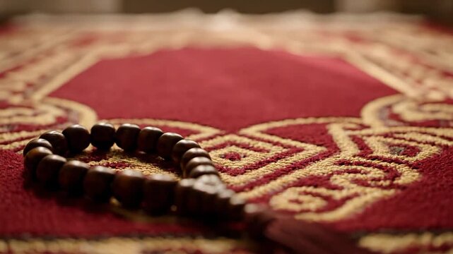 Islamic Prayer Beads Tasbih on Red Prayer Rug Ramadan Worship