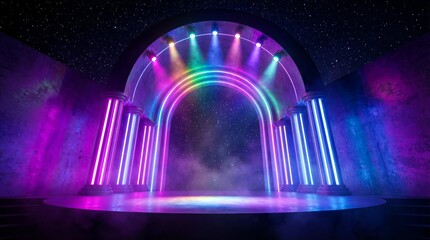 Vibrant futuristic stage design featuring glowing neon arches and illuminated columns against a starry night backdrop
