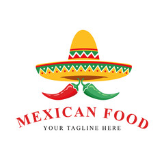 Mexican Food Logo with Sombrero and Chili Peppers Vector Illustration