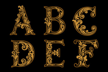 Luxury Gold Ornamental Alphabet Letters A&ndash;F with Elegant Vintage Floral Design on Black Background